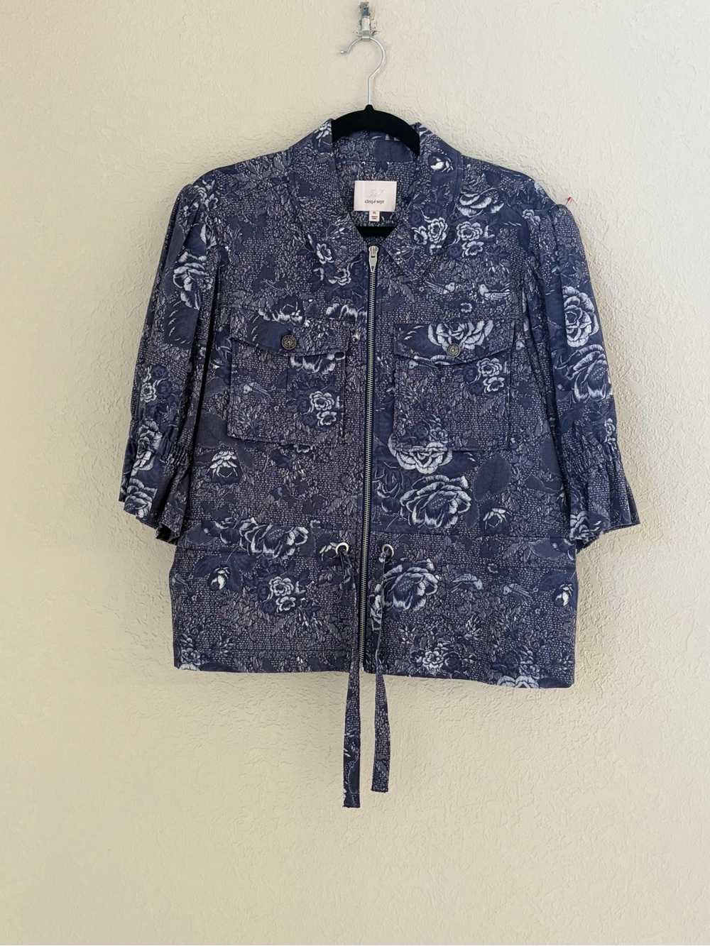 Cinq A Sept Adie Blue Floral Zip Up Drawstring Ruffle Sleeve Jacket Size XL